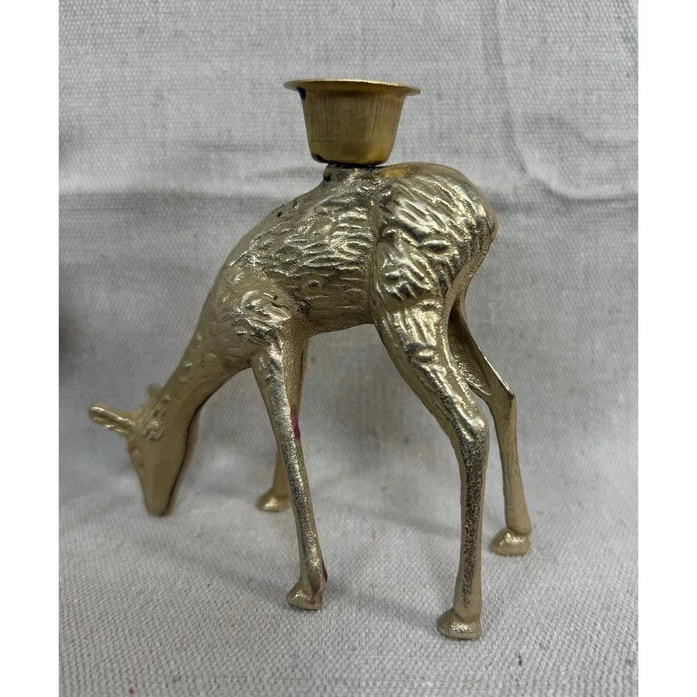 Vintage Brass Deer Candle Holder Set Gold Reindeer Buck Doe Christmas Decor 6in